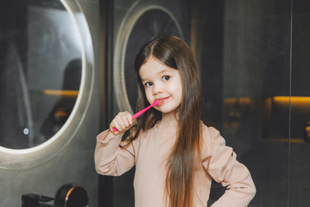 Happy little girl brushing her teeth in front of a bathroom mirror. Morning hygiene.の写真素材