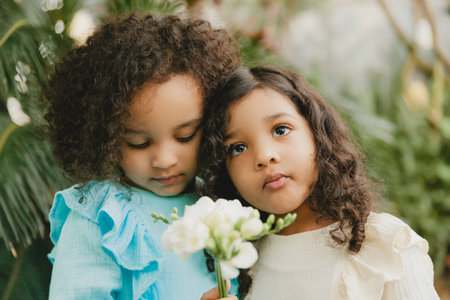 Two cheerful little girls in the botanical garden. Spring Summer.の写真素材