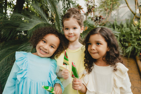 Cute little girls eating watermelon shaped lollipop Child with lollipops in botanical garden.の写真素材