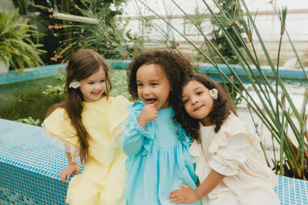 Three little girls in the garden. children of different nationalities. two swarthy babies and one white girl.の写真素材