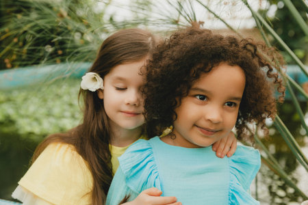 Three little girls in the garden. children of different nationalities. two swarthy babies and one white girl.の写真素材