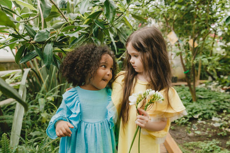 Two cheerful little girls in the botanical garden. Spring Summer.の写真素材
