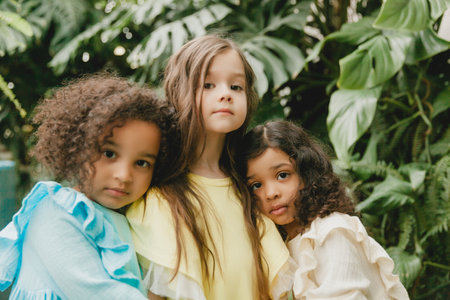 Three little girls in the garden with flowers in their hands. children of different nationalities.の写真素材