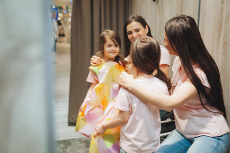 mother and daughter buy clothes. mother and little girl trying on clothes in the shop