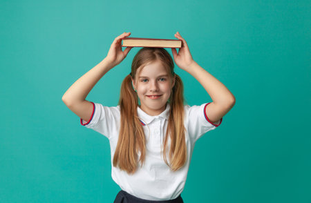 book roof over head. A little girl is holding a textbook on her head. Little schoolgirl with a book on a turquoise background. back to school.の写真素材