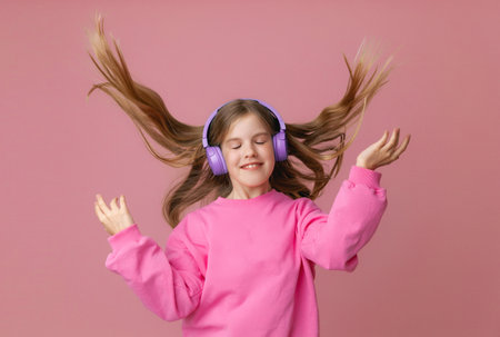 Photo of a cute funny young teenage girl in a jumper, headphones, dancing, enjoying music on a pink backgroundの写真素材