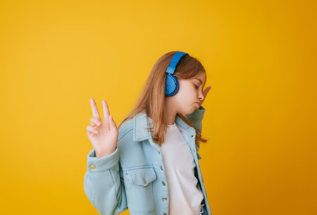 A young girl 11-13 years old in headphones listens to music and dances in the studio on a yellow backgroundの写真素材