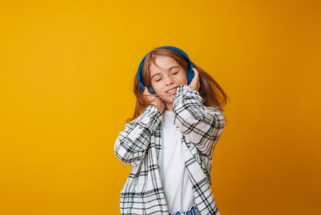 A young girl 11-13 years old in headphones listens to music and dances in the studio on a yellow...