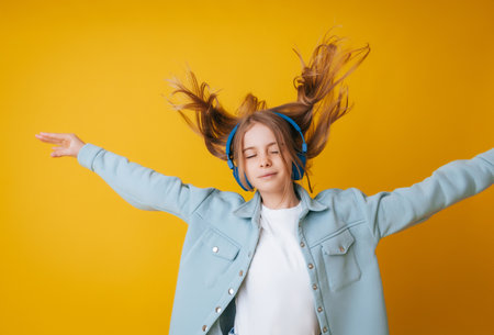 A young girl 11-13 years old in headphones listens to music and dances in the studio on a yellow backgroundの写真素材