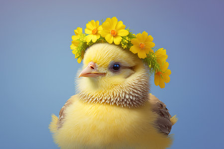 yellow chicken with a wreath of spring flowers on his head, on a yellow background. Generative AIの素材