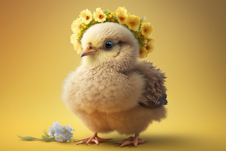 yellow chicken with a wreath of spring flowers on his head, on a yellow background. Generative AIの素材