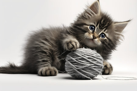 A striped kitten plays with gray skeins of thread on a white background. little curious kitten. generative AIの素材