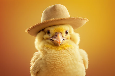 Cute little chick in a straw hat isolated on yellow background. Generation AIの素材