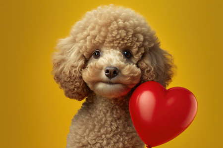 poodle with a heart-shaped balloon on a yellow background. Generative AIの素材