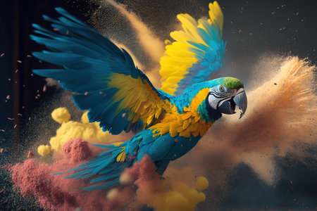 Flying multicolored Macaw parrot over colorful powder explosion on black background. Generative AIの素材