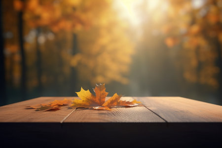 empty wooden tabletop podium in open garden forest, blurred background of autumn plants with space. organic product present natural placement pedestal display, autumn concept. Generative AIの素材