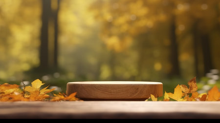 empty wooden tabletop podium in open garden forest, blurred background of autumn plants with space. organic product present natural placement pedestal display, autumn concept. Generative AIの素材