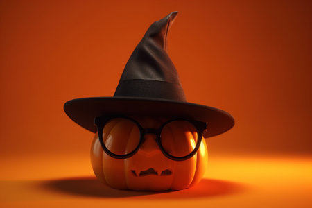 Halloween pumpkin in witch hat and glasses isolated on orange background. Halloween. Generative AI.の素材