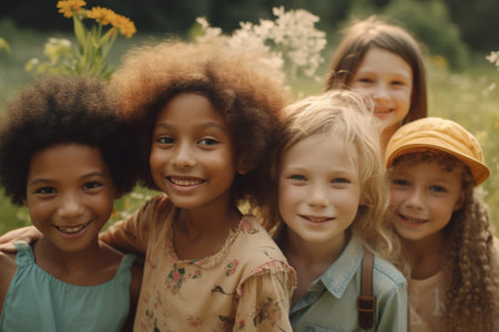 a group of children of different nationalities run on the grass against the backdrop of a park and greenery. generative aiの素材