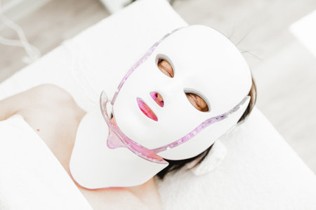 photon mask. Health and beauty. Cosmetic procedure for a woman's face. LED face mask, photon therapy.の写真素材