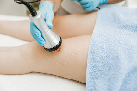 cosmetologist performing ultrasonic cavitation procedure on a client. a woman undergoes treatment for fat loss in a beauty salon. Weight loss conceptの写真素材