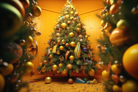 Christmas concept.interesting christmas tree on yellow background. Generative AIの素材