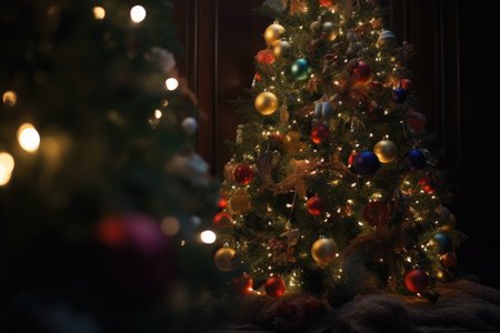 Decorated Christmas tree on blurred background.の素材