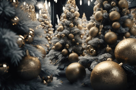 The room is decorated for the celebration of Christmas. Christmas tree with golden balls. new yearの素材