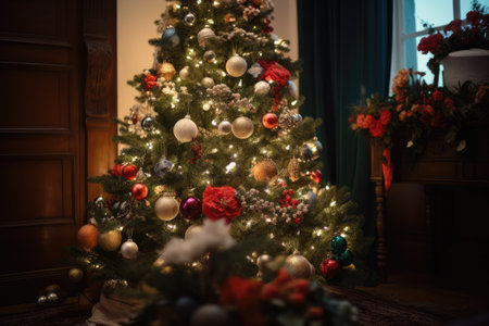 Decorated Christmas tree on blurred background.の素材