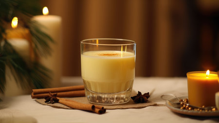 Glass of milk punch with cinnamon powder on whipped egg white on background of pine cones for Christmasの素材