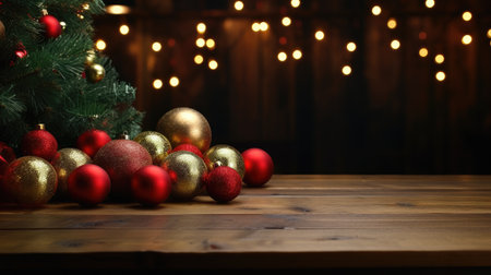 Empty wooden table on the background of a Christmas tree, golden bokeh.Christmas background. Merry Christmas and Happy New Year! Ready product for installation. Layout.の素材