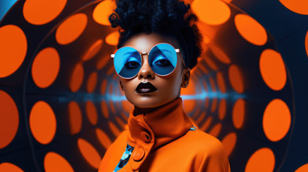 Modern girl with bright pink hair poses in yellow sunglasses and yellow suit in mixed color light with digital holograms. Virtual reality, digital technologies.の素材