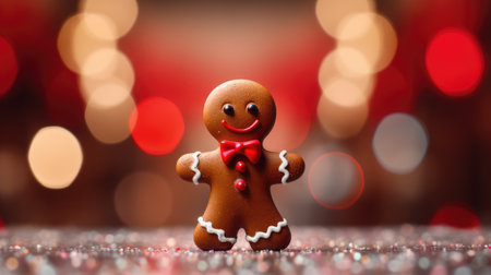 Gingerbread man cookies on a blurred background of Christmas lights. Warm bokeh light. Macro photography. Background of New Year and winter holidays.の素材