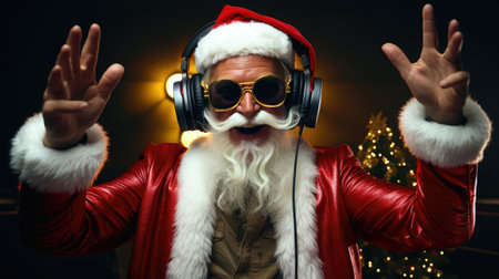 close-up portrait of Santa Claus. santa listens to music on headphones. Christmas. Santa Claus in sunglasses. emotional cheerful portrait.の素材