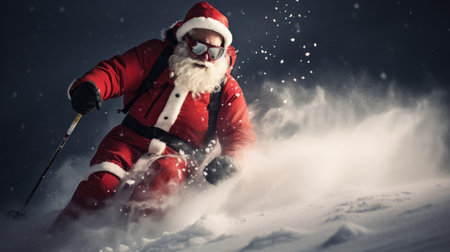 Full length shot of Santa Claus skiing on the mountain. Christmas and winter holidays.の素材