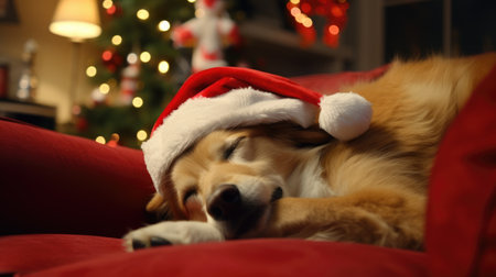 the dog sleeps in a red Santa Claus hat. Greeting card with a golden retriever for New Year or Christmas.の素材