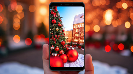 Merry Christmas and Happy New Year online concept.Cut out object element for holiday cards. New Year's landscape on the phone screen.の素材