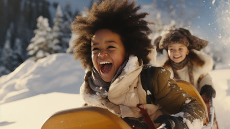 African American children sledding on a warm winter day in the mountains. winter holidaysの素材