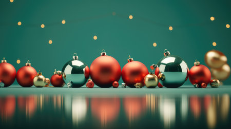 Christmas gifts, balls on a green background. Christmas and New Year cards.の素材