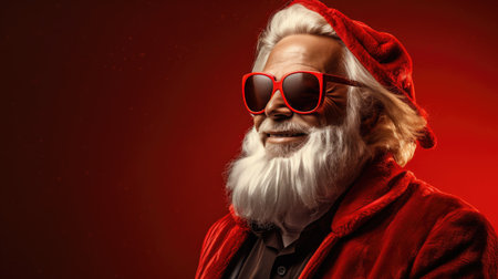 Portrait of Santa Claus in sunglasses in neon light on a red background.の素材