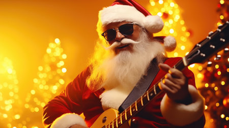 Santa Claus plays rock on the guitar. Stage light, smoke. manta claus musician.の素材