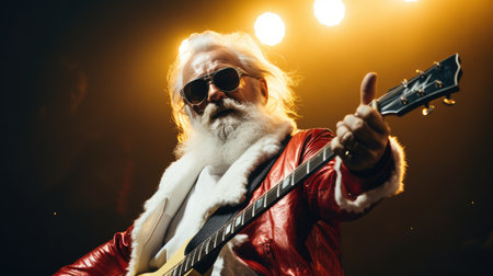 Santa Claus plays rock on the guitar. Stage light, smoke. manta claus musician.の素材