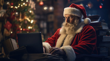 Happy old Santa Claus is sitting at the table with a laptop. Christmas time, holiday, online shopping, e-commerce saleの素材