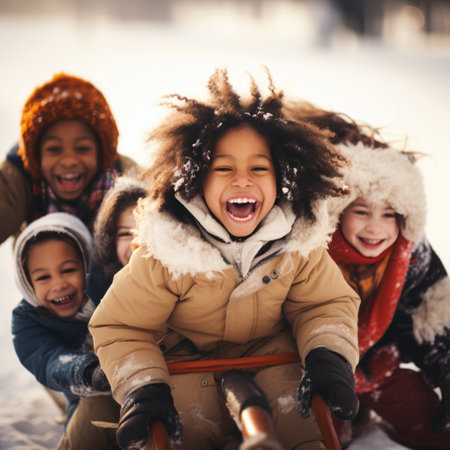 Funny little dark-skinned child rides on a sleigh in the snow. Active sports games in winter. Happy winter holidays concept.の素材