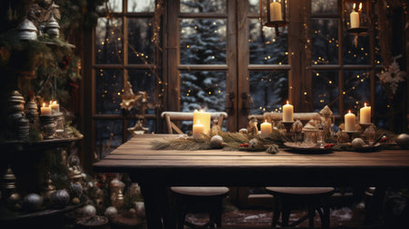 christmas decorated dining table. Christmas food. Merry Christmas. Family dinner during the Christmas holidays.の素材