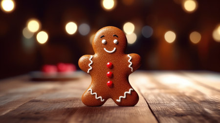 Gingerbread man cookies on a blurred background of Christmas lights. Warm bokeh light. Macro photography. Background of New Year and winter holidays.の素材