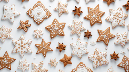 Pattern of various Christmas cookies lying on a white background. ginger christmas cookiesの素材