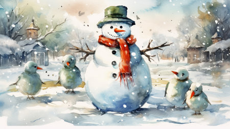 A collection of watercolor Christmas snowmen for an adorable holiday design. snowman on winter background.の素材