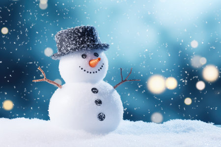 Merry Christmas and Happy New Year greeting card. Happy snowman standing in a Christmas landscape. Snow background. Winter's Tale.の素材