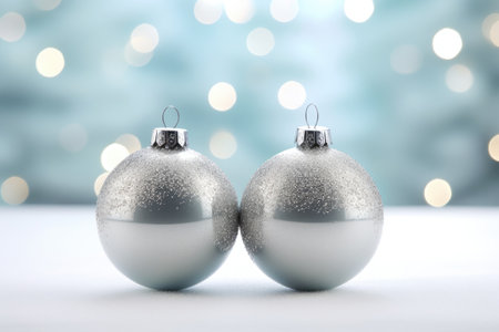 Christmas balls and snowflakes on an abstract blue background. Christmas balls on the snow.の素材